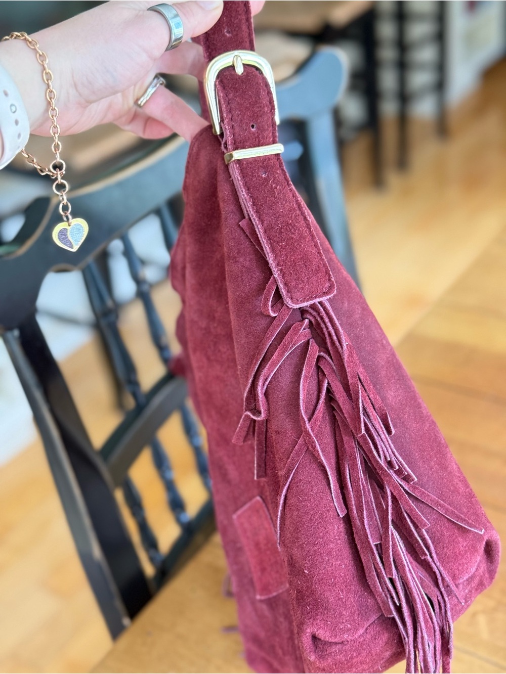 Suede Fringe Shoulder Bag in Deep Pink - Picture 3 of 7